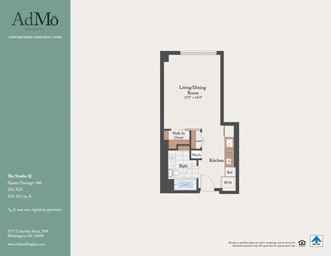 Floor plan for studio, 1 bath, 440 sqft